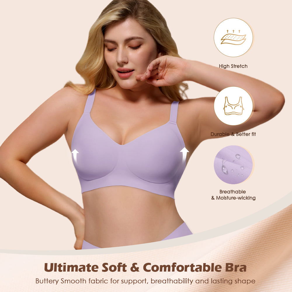 Wireless Push Up Bra - Seamless V-Neck Bralette with Full Coverage Comfort Support Soft T-Shirt Bra for Women