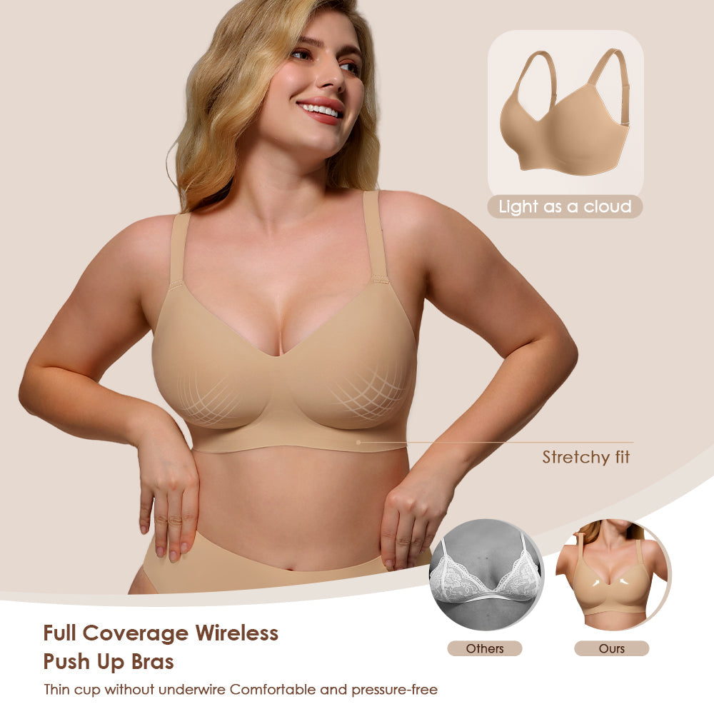 Womens Soft Comfortable No Underwire Bras V Neck Seamless Push Up Bralettes Full Coverage Tshirt Brassiere
