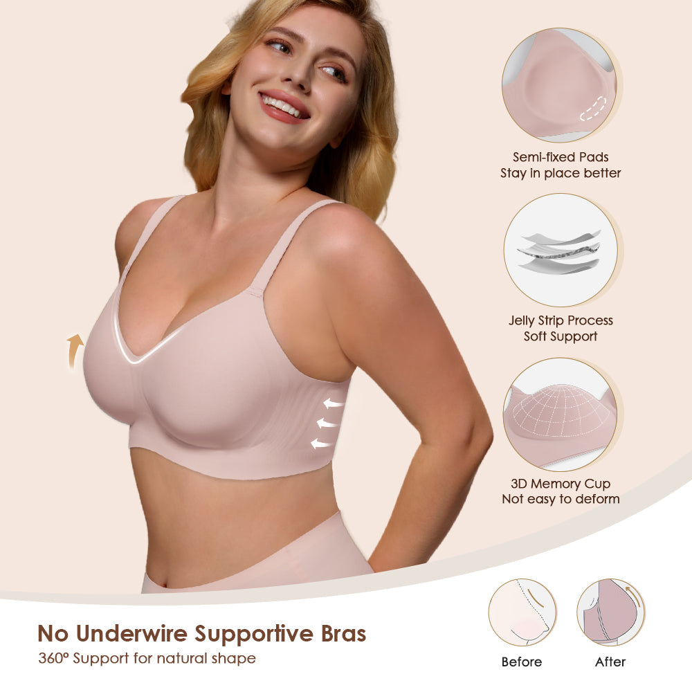Womens Soft Comfortable No Underwire Bras V Neck Seamless Push Up Bralettes Full Coverage Tshirt Brassiere