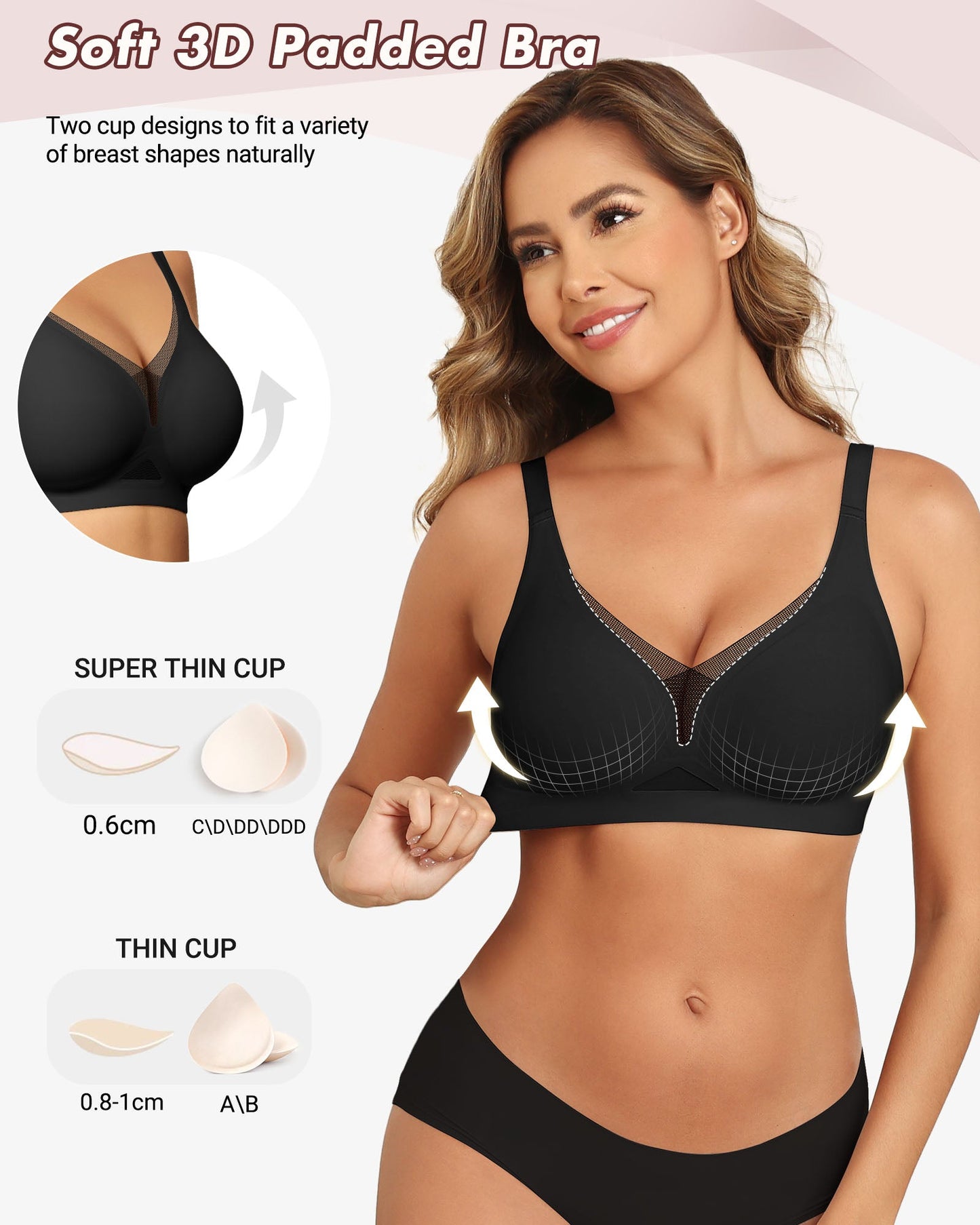 As Fairy Wireless Push Up Bra for Women - Seamless Deep V Mesh Bralettes, Soft Support Comfort Daily Wear Brassiere