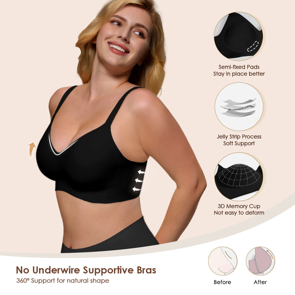 Wireless Push Up Bra - Seamless V-Neck Bralette with Full Coverage Comfort Support Soft T-Shirt Bra for Women