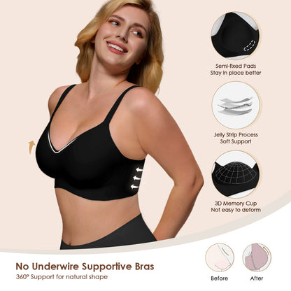 Wireless Push Up Bra - Seamless V-Neck Bralette with Full Coverage Comfort Support Soft T-Shirt Bra for Women