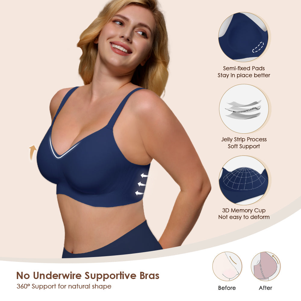 Wireless Push Up Bra - Seamless V-Neck Bralette with Full Coverage Comfort Support Soft T-Shirt Bra for Women