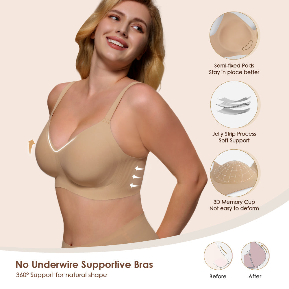 Womens Soft Comfortable No Underwire Bras V Neck Seamless Push Up Bralettes Full Coverage Tshirt Brassiere