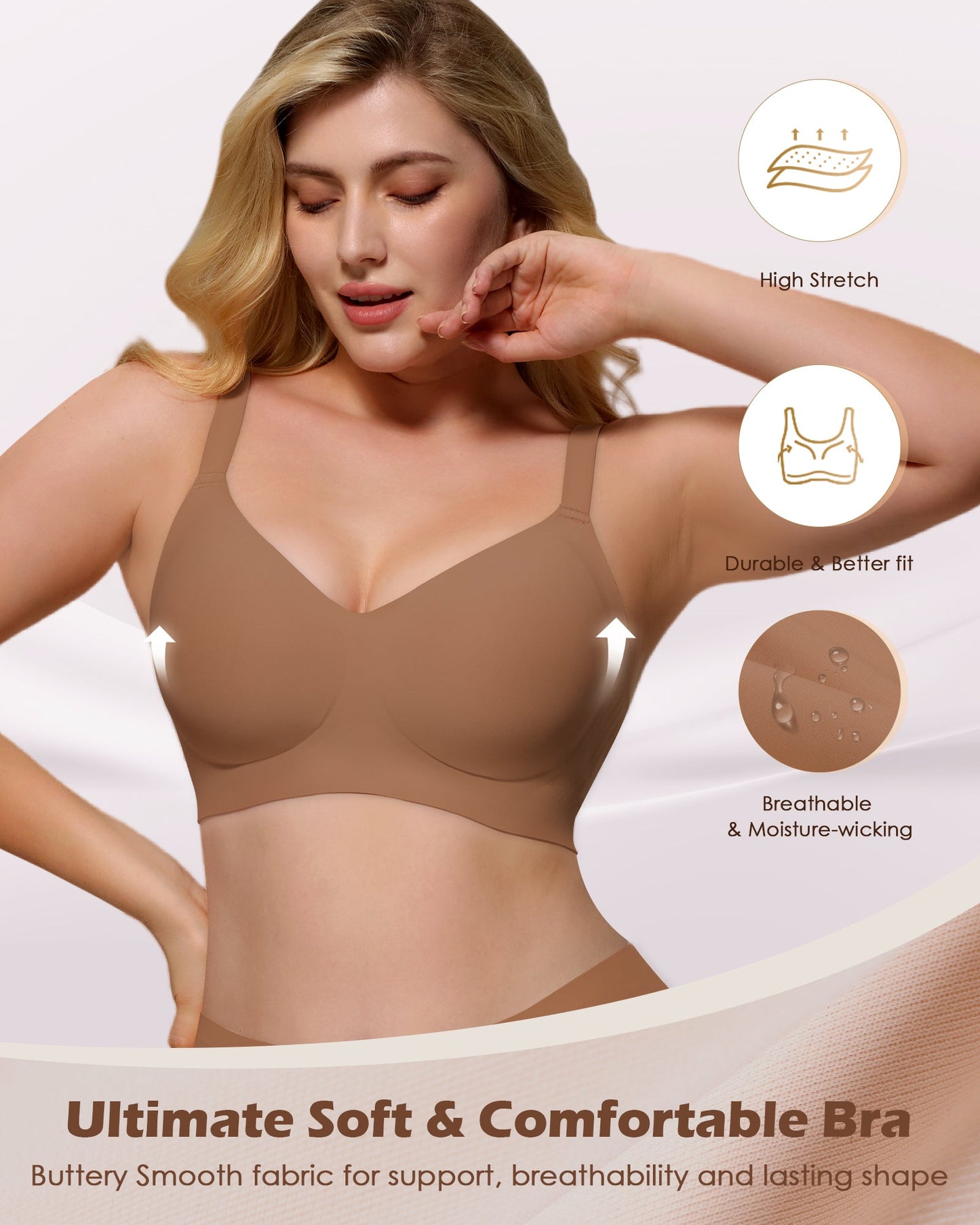 Wireless Push Up Bra - Seamless V-Neck Bralette with Full Coverage Buttery Soft T-Shirt Bra for Women