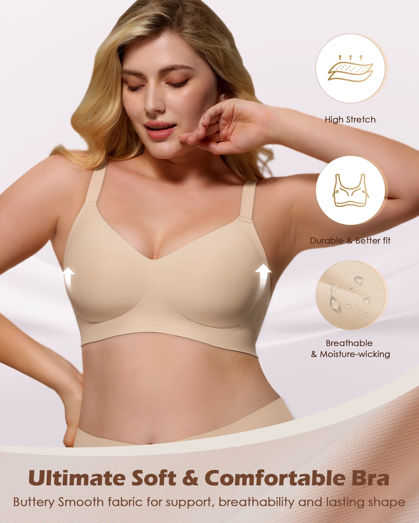 Wireless Push Up Bra - Seamless V-Neck Bralette with Full Coverage Buttery Soft T-Shirt Bra for Women