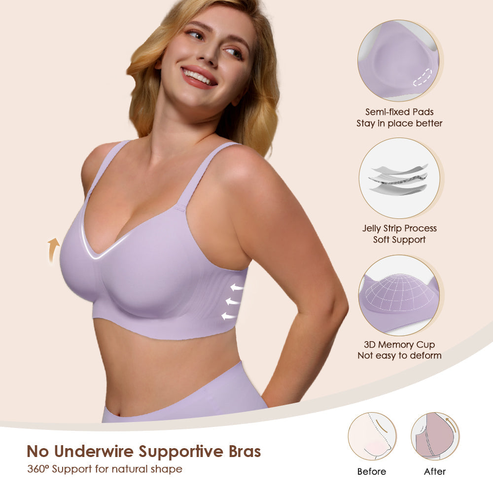 Wireless Push Up Bra - Seamless V-Neck Bralette with Full Coverage Comfort Support Soft T-Shirt Bra for Women