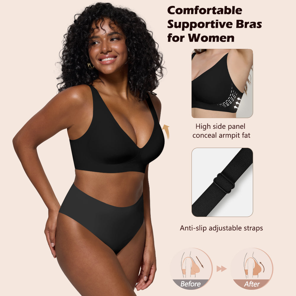 Bras for Women Deep V Seamless Wireless Support Lift No Underwire Plunge Bralettes Full Coverage Push Up Bra