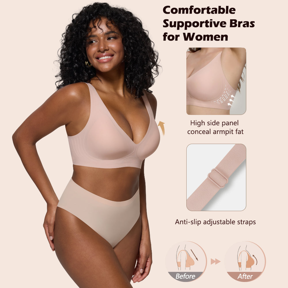 Deep V Plunge Bra - Seamless Wireless Bralette with Lift & Full Coverage (No Underwire) | Supportive Push Up Bra for Women