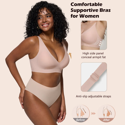 Deep V Plunge Bra - Seamless Wireless Bralette with Lift & Full Coverage (No Underwire) | Supportive Push Up Bra for Women