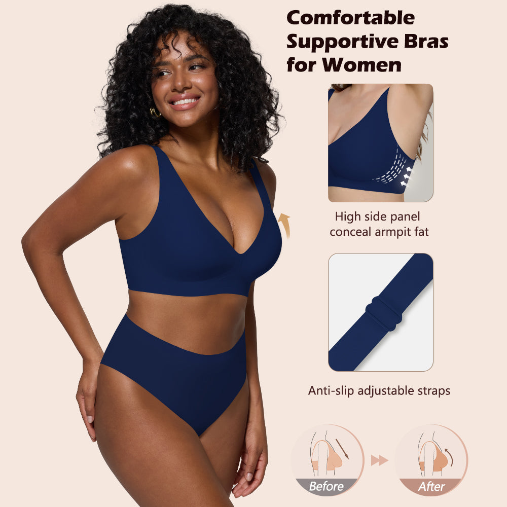 Deep V Plunge Bra - Seamless Wireless Bralette with Lift & Full Coverage (No Underwire) | Supportive Push Up Bra for Women