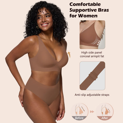 Seamless Wireless Bralette with Lift & Full Coverage (No Underwire)&Deep V Plunge Bra | Supportive Push Up Bra for Women