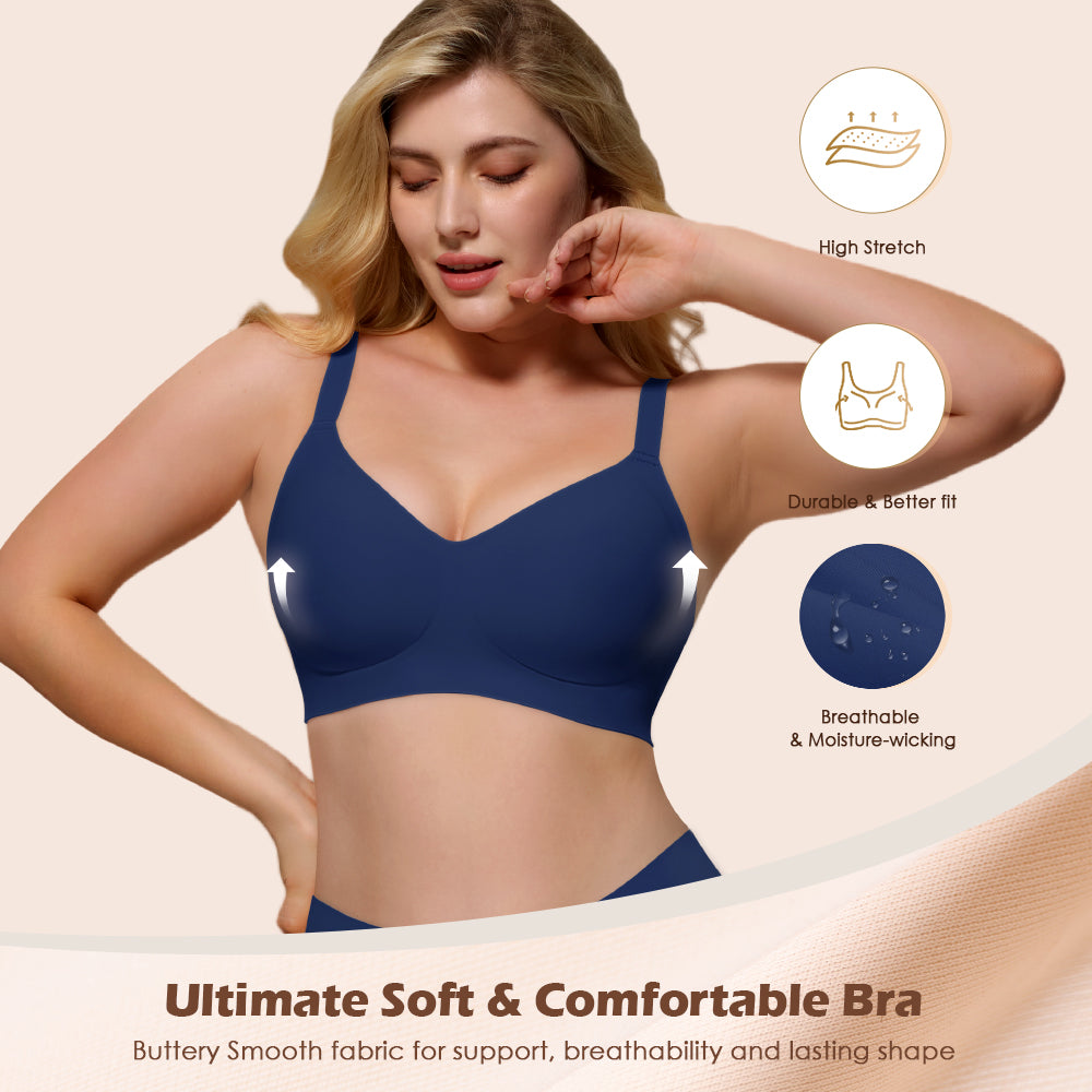 Wireless Push Up Bra - Seamless V-Neck Bralette with Full Coverage Comfort Support Soft T-Shirt Bra for Women