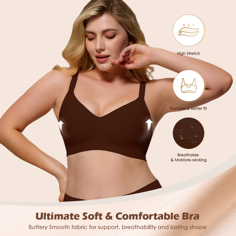 Wireless Push Up Bra - Seamless V-Neck Bralette with Full Coverage Buttery Soft T-Shirt Bra for Women