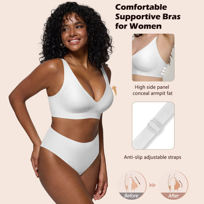 Deep V Plunge Bra - Seamless Wireless Bralette with Lift & Full Coverage (No Underwire) | Supportive Push Up Bra for Women