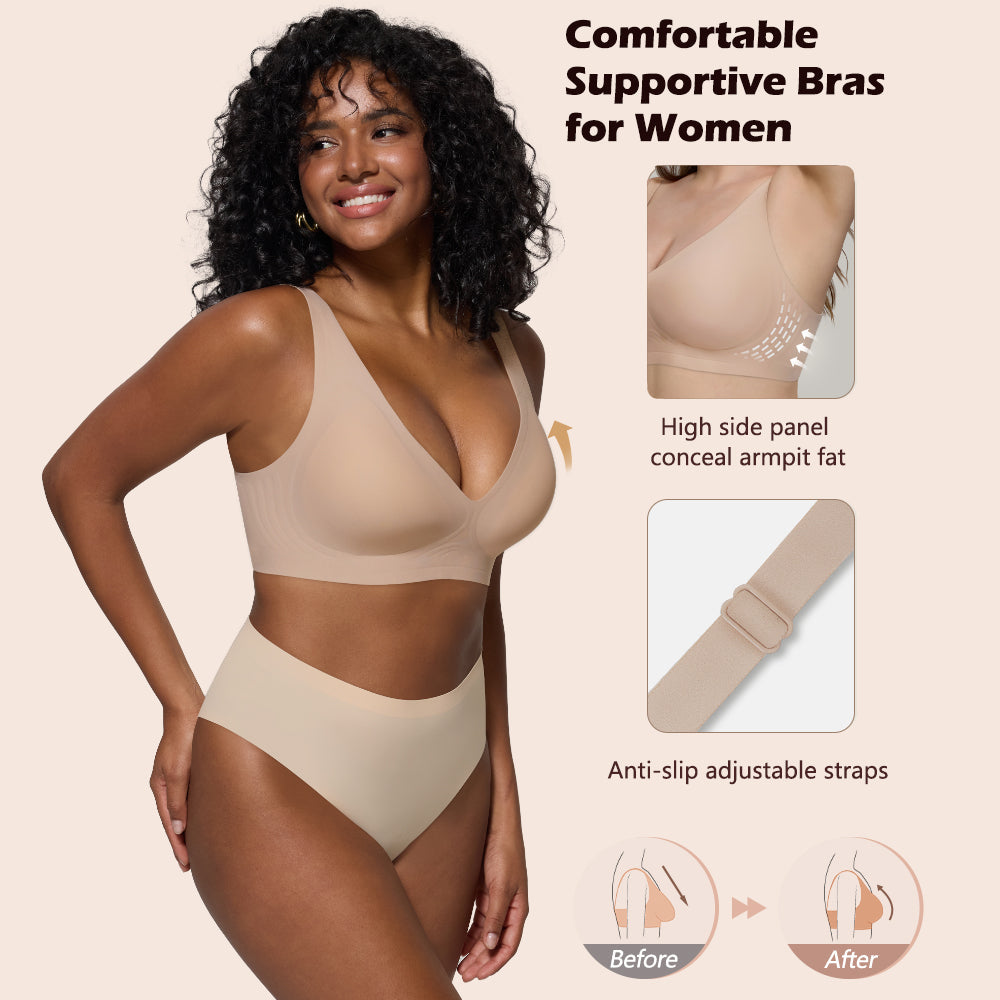 Seamless Wireless Bralette with Lift & Full Coverage (No Underwire)&Deep V Plunge Bra | Supportive Push Up Bra for Women