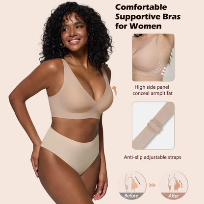 Seamless Wireless Bralette with Lift & Full Coverage (No Underwire)&Deep V Plunge Bra | Supportive Push Up Bra for Women