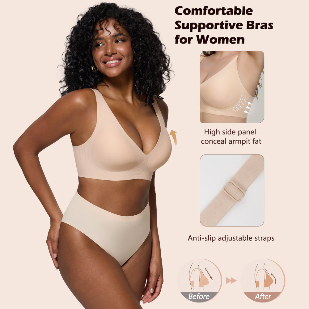 Bras for Women Deep V Seamless Wireless Support Lift No Underwire Plunge Bralettes Full Coverage Push Up Bra