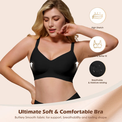 Wireless Push Up Bra - Seamless V-Neck Bralette with Full Coverage Comfort Support Soft T-Shirt Bra for Women