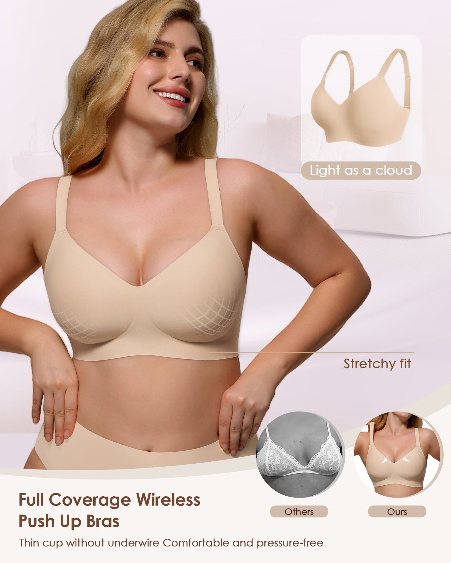 Wireless Push Up Bra - Seamless V-Neck Bralette with Full Coverage Buttery Soft T-Shirt Bra for Women