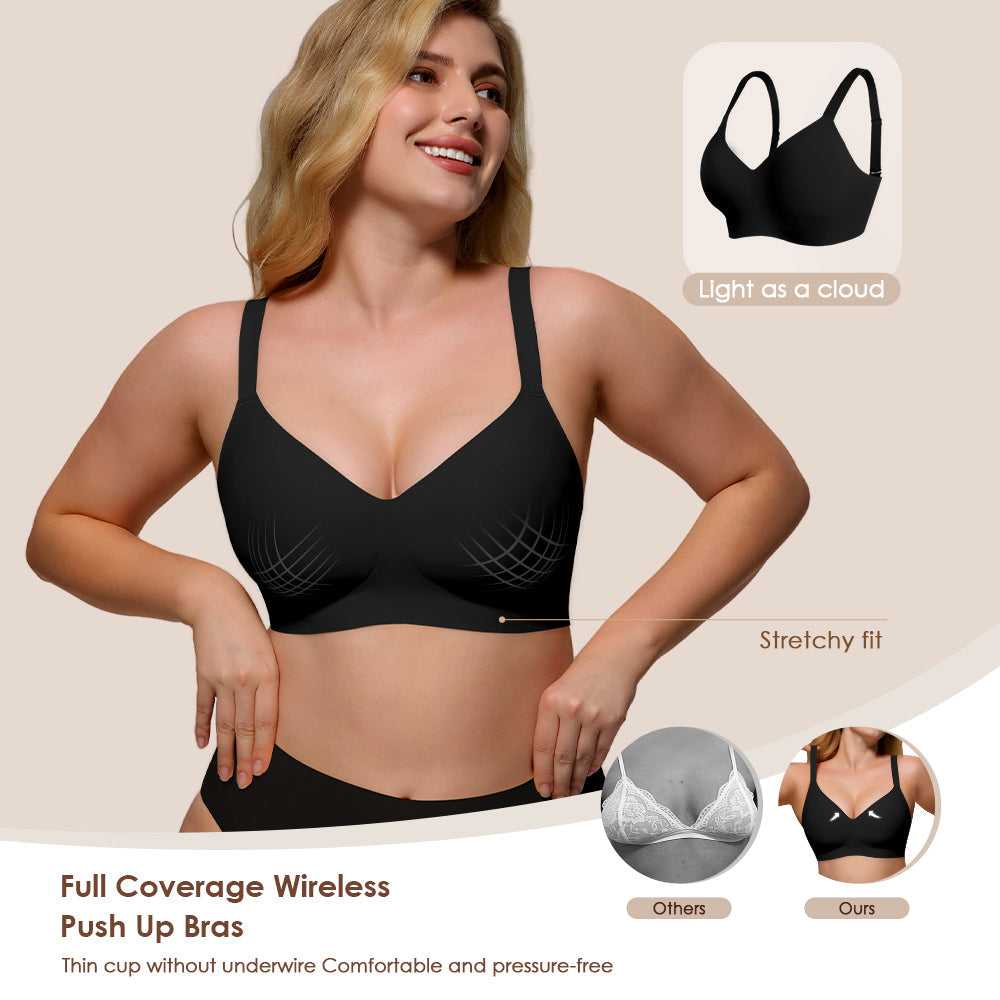 Wireless Push Up Bra - Seamless V-Neck Bralette with Full Coverage Comfort Support Soft T-Shirt Bra for Women