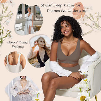 Bras for Women Deep V Seamless Wireless Support Lift No Underwire Plunge Bralettes Full Coverage Push Up Bra