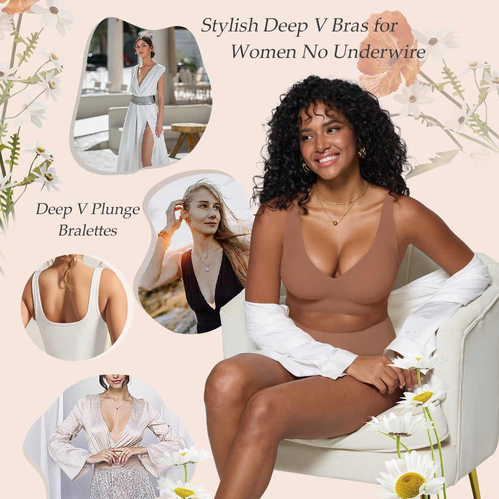 Seamless Wireless Bralette with Lift & Full Coverage (No Underwire)&Deep V Plunge Bra | Supportive Push Up Bra for Women