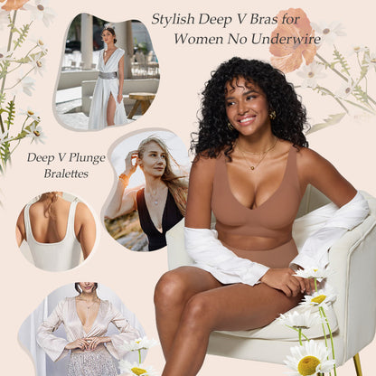Seamless Wireless Bralette with Lift & Full Coverage (No Underwire)&Deep V Plunge Bra | Supportive Push Up Bra for Women
