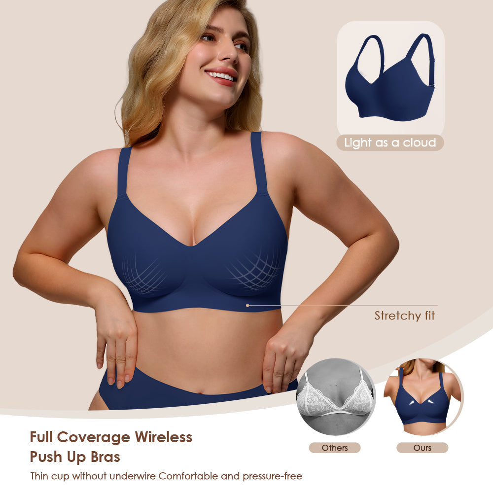 Wireless Push Up Bra - Seamless V-Neck Bralette with Full Coverage Comfort Support Soft T-Shirt Bra for Women