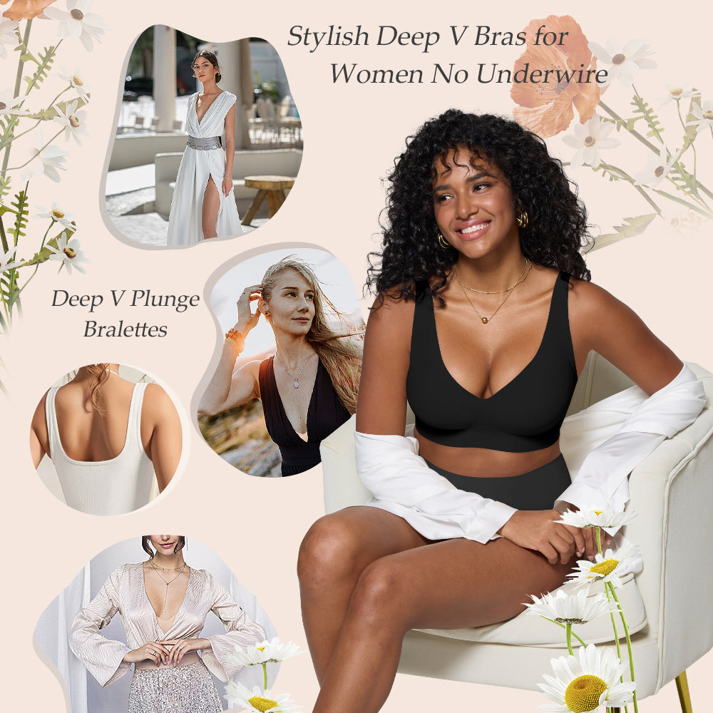 Bras for Women Deep V Seamless Wireless Support Lift No Underwire Plunge Bralettes Full Coverage Push Up Bra