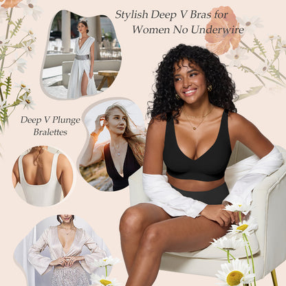 Bras for Women Deep V Seamless Wireless Support Lift No Underwire Plunge Bralettes Full Coverage Push Up Bra