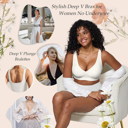 Deep V Plunge Bra - Seamless Wireless Bralette with Lift & Full Coverage (No Underwire) | Supportive Push Up Bra for Women
