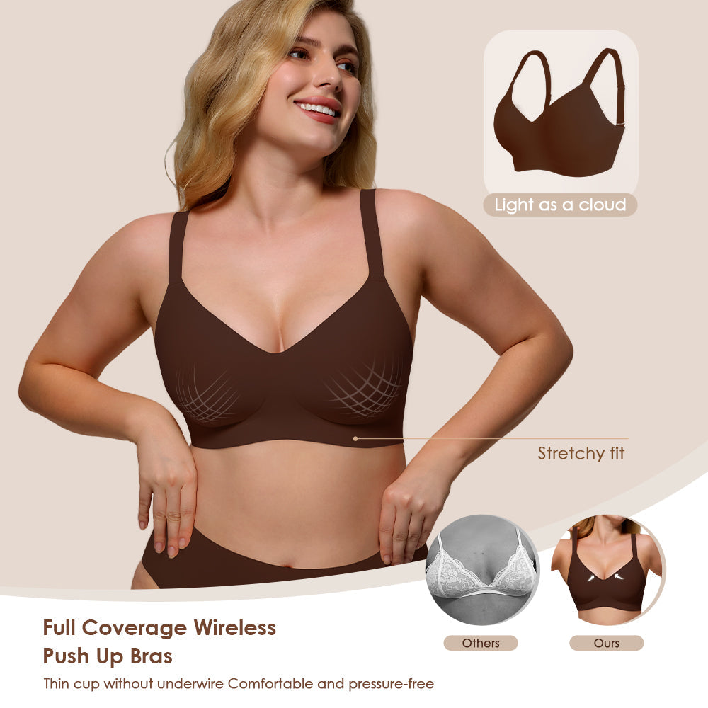 Wireless Push Up Bra - Seamless V-Neck Bralette with Full Coverage Buttery Soft T-Shirt Bra for Women