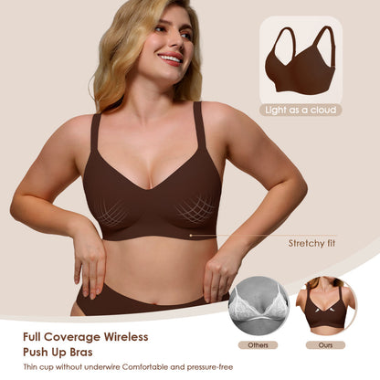 Wireless Push Up Bra - Seamless V-Neck Bralette with Full Coverage Buttery Soft T-Shirt Bra for Women