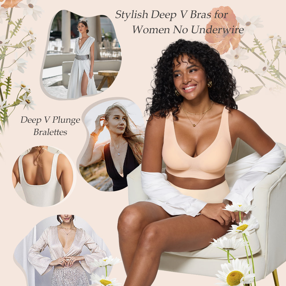 Bras for Women Deep V Seamless Wireless Support Lift No Underwire Plunge Bralettes Full Coverage Push Up Bra