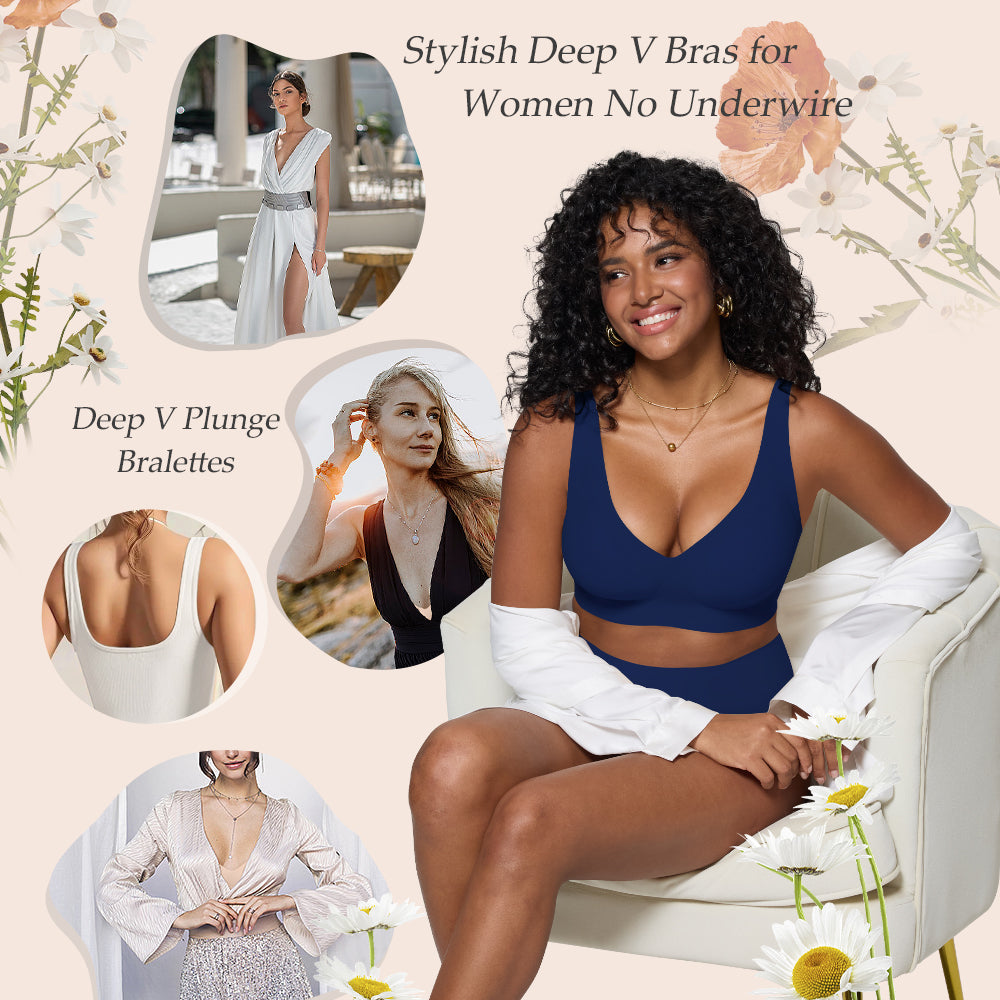 Deep V Plunge Bra - Seamless Wireless Bralette with Lift & Full Coverage (No Underwire) | Supportive Push Up Bra for Women