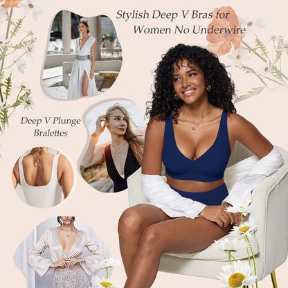 Deep V Plunge Bra - Seamless Wireless Bralette with Lift & Full Coverage (No Underwire) | Supportive Push Up Bra for Women