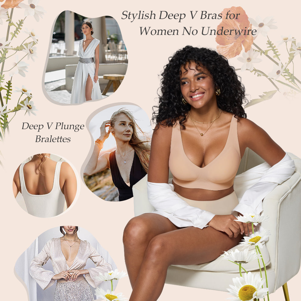 Seamless Wireless Bralette with Lift & Full Coverage (No Underwire)&Deep V Plunge Bra | Supportive Push Up Bra for Women