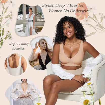Seamless Wireless Bralette with Lift & Full Coverage (No Underwire)&Deep V Plunge Bra | Supportive Push Up Bra for Women