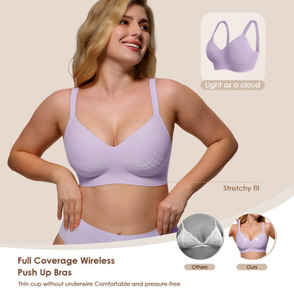 Wireless Push Up Bra - Seamless V-Neck Bralette with Full Coverage Comfort Support Soft T-Shirt Bra for Women