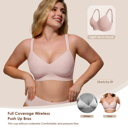 Womens Soft Comfortable No Underwire Bras V Neck Seamless Push Up Bralettes Full Coverage Tshirt Brassiere