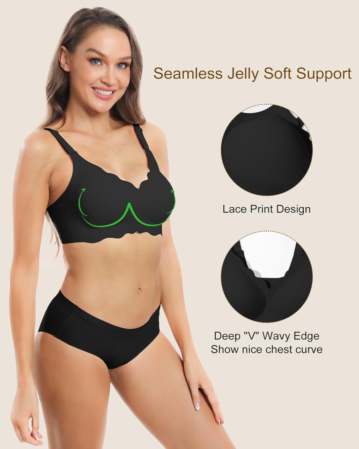 Wavy Seamless V Neck Lace Floral Bra