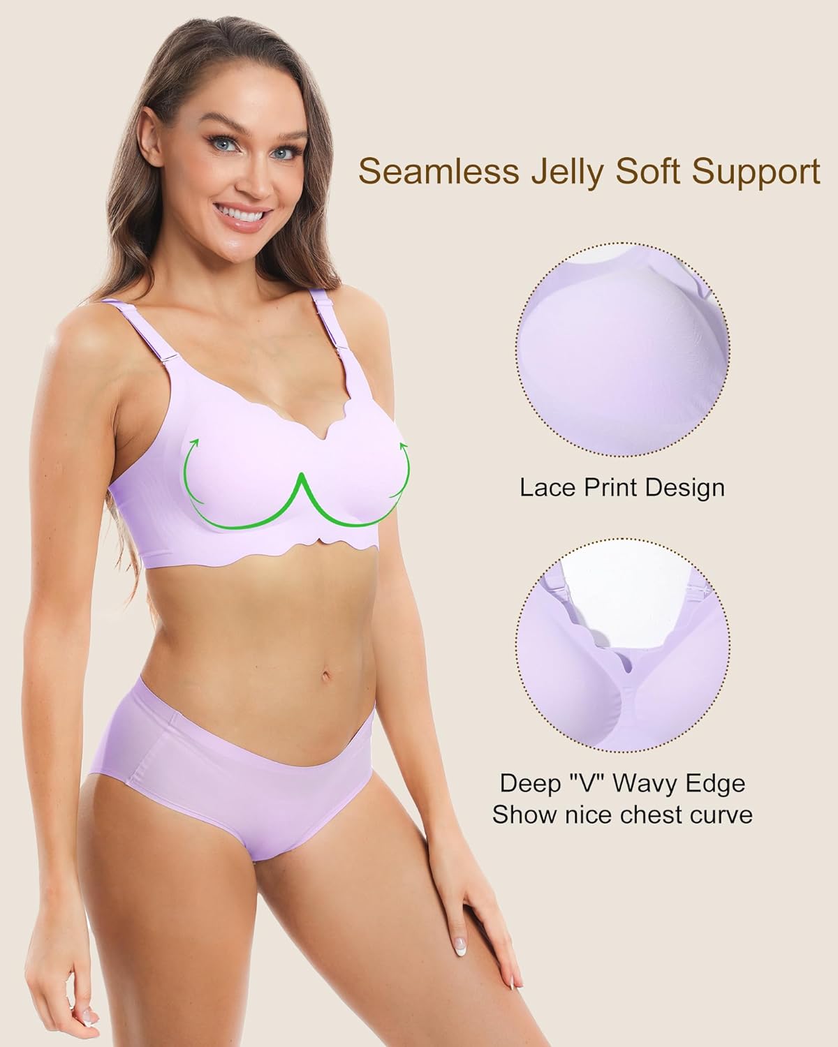 Wavy Seamless V Neck Lace Floral Bra