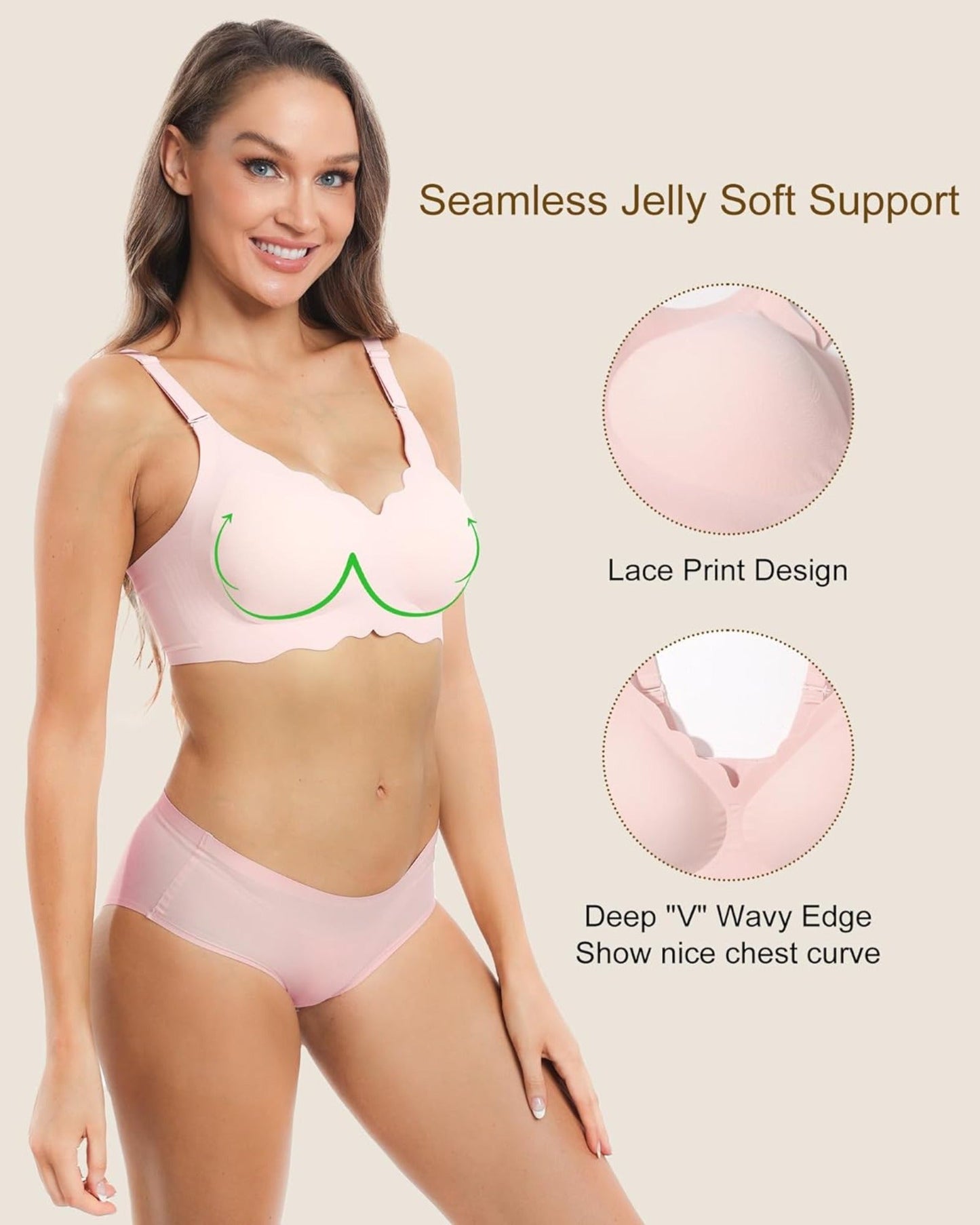 Wavy Seamless V Neck Lace Floral Bra